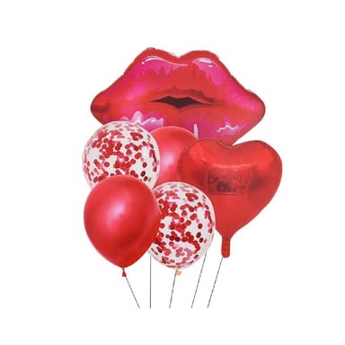 SAN VALENTIN - SET DE 06 GLOBOS - LABIOS, CORAZÓN Y CONFETTI