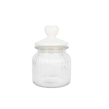 SAN VALENTIN - CANISTER ENVASE DE VIDRIO CON TAPA DE PORCELANA DISEÑO CORAZÓN BLANCO - CAPACIDAD 650ML