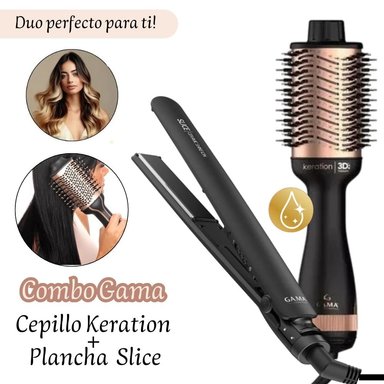 COMBO PLANCHA ALISADORA DE CABELLO GAMA SLICE + CEPILLO SECADOR GAMA KERATION 3D THERAPY