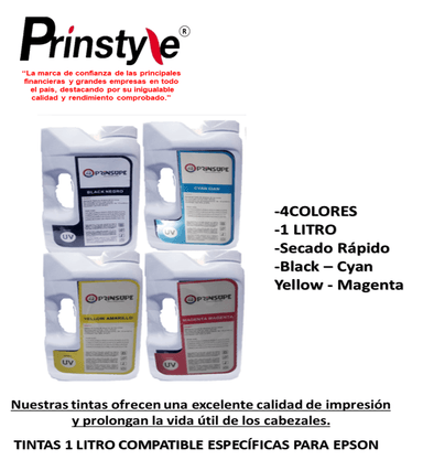 TINTA PRINSTYLE BLANCO 1 LITRO 04 COLORES COMPATIBLE CON EPSON CALIDAD ULTRA UV