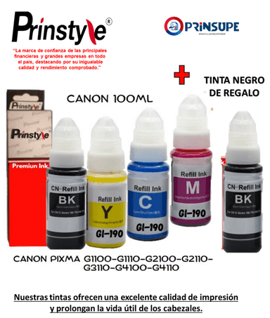 TINTAS PRINSTYLE GI190 PACK COMPATIBLES CON CANON + 1 TINTA NEGRA REGALO