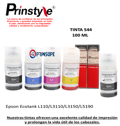 TINTA PRINSTYLE 544 NEGRO KIT X4 COMPATIBLE CON EPSON 100ML +1 REGALO COMP