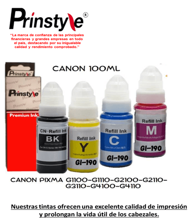 TINTAS PRINSTYLE GI190 ROJO PACK COMPATIBLES CON CANON 04 COLORES B-C-Y-M