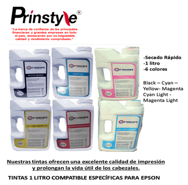 TINTA PRINSTYLE BLANCO 1 LITRO 06 COLORES COMPATIBLE CON EPSON CALIDAD ULTRA UV