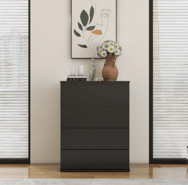 CÓMODA CELTI DE 4 CAJONES, MODERNA CÓMODA SIN TIRADOR, COLOR NEGRO