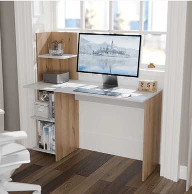 ESCRITORIO NÓRDICO CON LIBRERO Y 3 ESTANTES BLANCO Y ROBLE 120×75CM