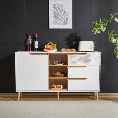 APARADOR RAVEL 3 CAJONES 1 PUERTA ESTANTES BLANCO ROBLE 140 CM