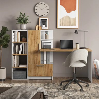 ESCRITORIO LECKO 2 PUERTAS ABATIBLES 3 ESTANTES CON LIBRERO ROBLE BLANCO