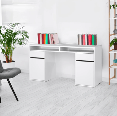 ESCRITORIO TRADINO 2 CAJONES 2 PUERTAS 2 ESTANTE SUPERIOR BLANCO 149CM