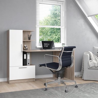 ESCRITORIO LECKO 2 PUERTAS ABATIBLES 3 ESTANTES LIBRERO  BLANCO ROBLE