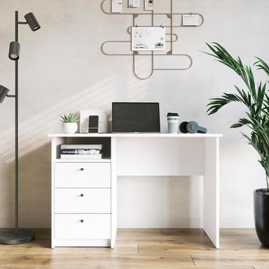 ESCRITORIO LOREZA CON ESTANTE ALTO Y 3 CAJONES BLANCO 110CM