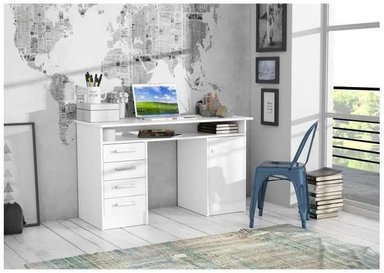 ESCRITORIO  MORI CON ESTANTE 1 PUERTA 4 CAJONES COLOR BLANCO 125X76CM