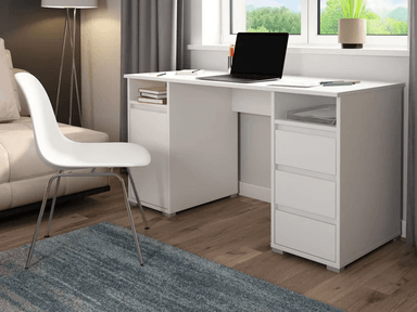 ESCRITORIO RAMSES 3 CAJONES 1 PUERTA 2 ESTANTES  BLANCO 138CM