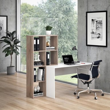 ESCRITORIO THEREN PARA PC ESTANTE 6 CUBOS LIBRERO ROBLE Y BLANCO 167CM