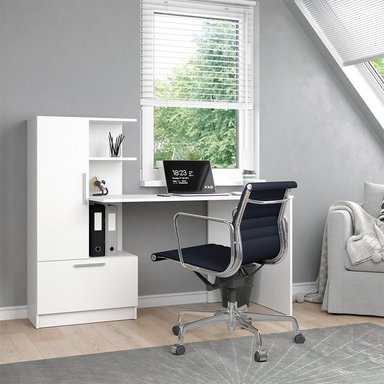 ESCRITORIO LECKO 2 PUERTAS ABATIBLES 3 ESTANTES LIBRERO BLANCO 120CM