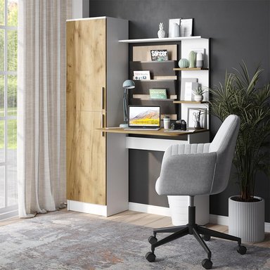 ESCRITORIO LISAN  MODERNO 2 PUERTAS CON REPISAS BLANCO Y DUNA 122CM