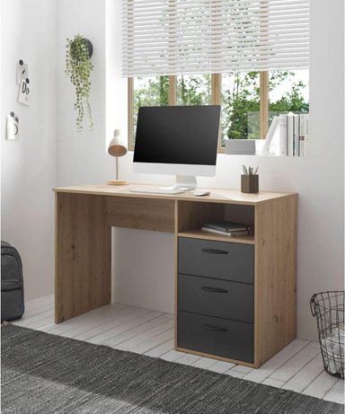 ESCRITORIO PORTO 3 CAJONES 1 ESTANTES COLOR DUNA Y NEGRO 120X75CM