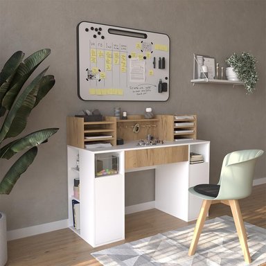 ESCRITORIO RIAZAN 1 CAJÓN 2 PUERTAS Y ESTANTES ROBLE Y BLANCO 126CM