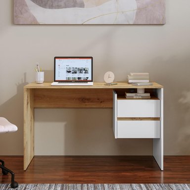 ESCRITORIO GIRO 2 CAJONES  CON ESTANTE BLANCO Y DUNA 125CM