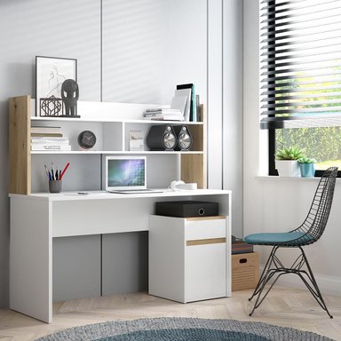 ESCRITORIO SERVIA 1 PUERTA 1 CAJÓN 3 ESTANTES LIBRERO BLANCO Y ROBLE