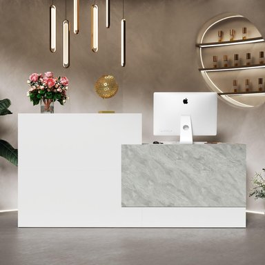 ESCRITORIO DE RECEPCION PAZIO CON ESTANTES MODERNO BLANCO GRIS CEMENTO 190