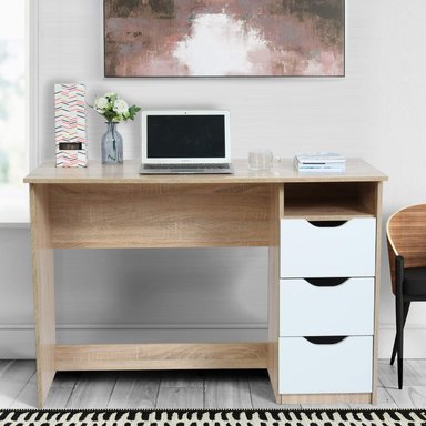 ESCRITORIO BELSA PARA PC 3 CAJONES Y UN ESTANTE ROBLE Y BLANCO 110CM