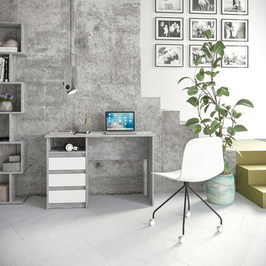 ESCRITORIO LOREZA PARA LAPTOP CON ESTANTE ALTO Y 3 CAJONES CEMENTO BLANCO 110CM