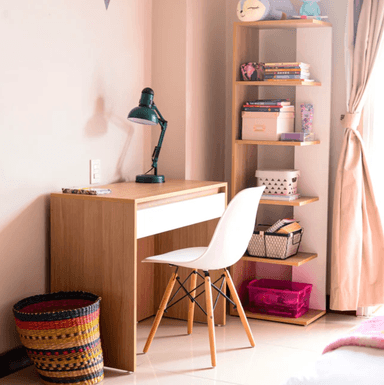 ESCRITORIO + ESTANTE ZARIN 1 CAJÓN 6 REPISAS  BLANCO Y ROBLE 90CM