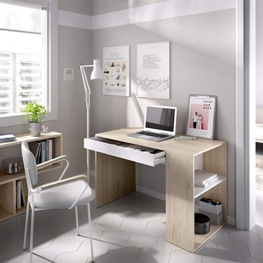 ESCRITORIO VINZA 2 ESTANTES UN CAJON LIBRERO BLANCO Y ROBLE 115CM