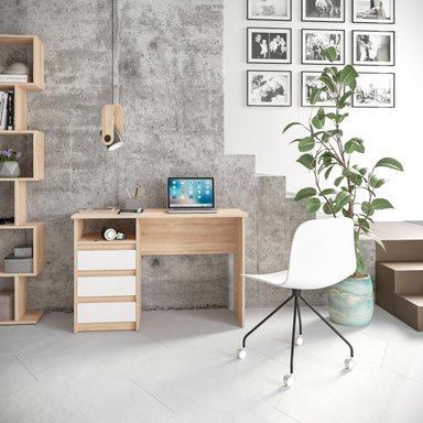 ESCRITORIO LOREZA PARA LAPTOP CON ESTANTE ALTO Y 3 CAJONES ROBLE BLANCO 110CM