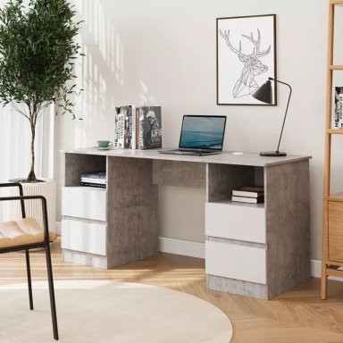 ESCRITORIO FLOREN 4 CAJONES 2 ESTANTES CEMENTO BLANCO 140CM