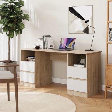 ESCRITORIO FLOREN 4 CAJONES 2 ESTANTES ROBLE BLANCO 140CM