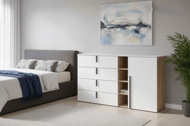 COMODA RECCES 4 CAJONES 1 PUERTA COLOR ROBLE BLANCO 160CM