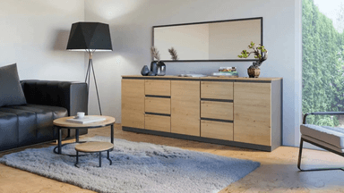 CÓMODA MARCIA 2 CUERPOS 6 CAJONES 3 PUERTAS ROBLE Y GRAFITO75X200CM