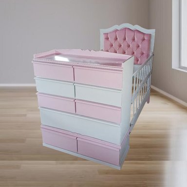 CAMA CUNA DE PLAZA Y MEDIA CON COMODA DESMONTABLE ROSADO TAPIZADO