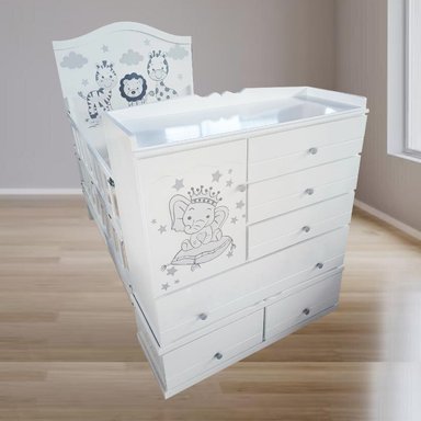 CAMA CUNA DE PLAZA Y MEDIA CON COMODA DESMONTABLE BLANCO SAFARI