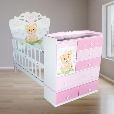 CAMA CUNA DE PLAZA Y MEDIA CON COMODA DESMONTABLE ROSADO OSITA