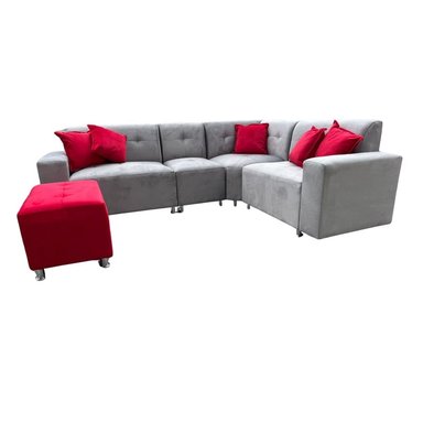 SECCIONAL LEYVA PLATA  CON BANQUETA ROJO + 6 COJINES