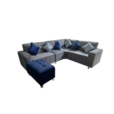 SECCIONAL LEYVA 4 PIEZAS + BANQUETA + 6 COJINES - PLOMO CON AZUL