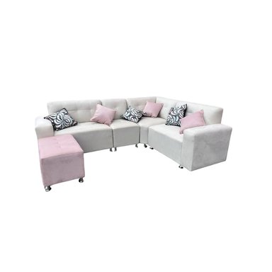 SECCIONAL LEYVA 4 PIEZAS + BANQUETA + 6 COJINES - IVORY CON ROSADO