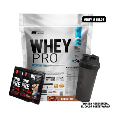 WHEY PRO 5 KG (CHOCOLATE) + SHAKER + 2 SACHET PRE ENTRENO ONE NOX