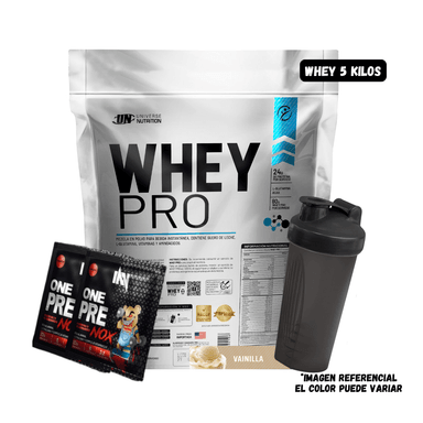 WHEY PRO 5 KG (VAINILLA) + SHAKER + 2 SACHET PRE ENTRENO ONE NOX