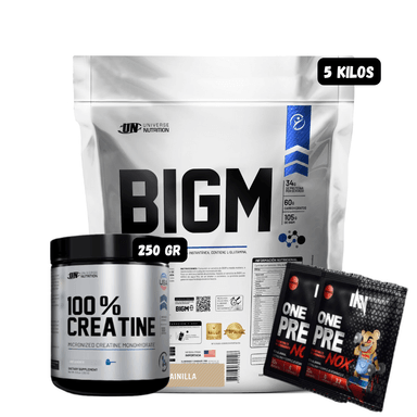 BIGM 5 KILOS (VAINILLA) + CREATINA MONOHIDRATADA UN 250 GRAMOS + 2 SACHET PRE ENTRENO