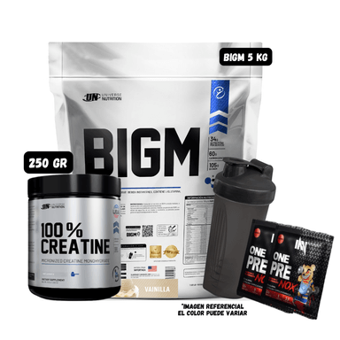 BIGM 5 KILOS (VAINILLA) + CREATINA MONOHIDRATADA UN 250 GRAMOS + 1 SHAKER + 2 SACHET PRE ENTRENO