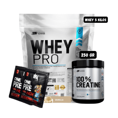 WHEY PRO 5 KG (VAINILLA) + CREATINA UN 250 GRAMOS + 2 SACHET PRE ENTRENO ONE NOX
