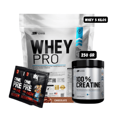 WHEY PRO 5 KG (CHOCOLATE) + CREATINA UN 250 GRAMOS + 2 SACHET PRE ENTRENO ONE NOX
