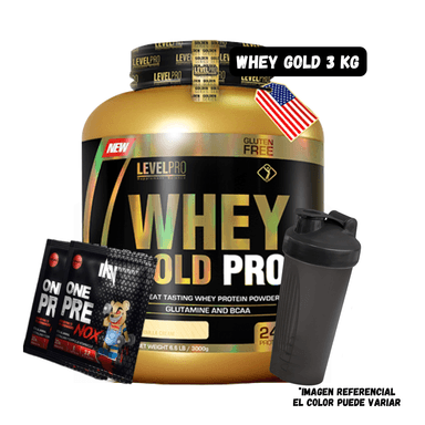 WHEY GOLD PRO 6.6 LIBRAS VAINILLA + 1 SHAKER + 2 SACHET PRE ENTRENO ONE NOX