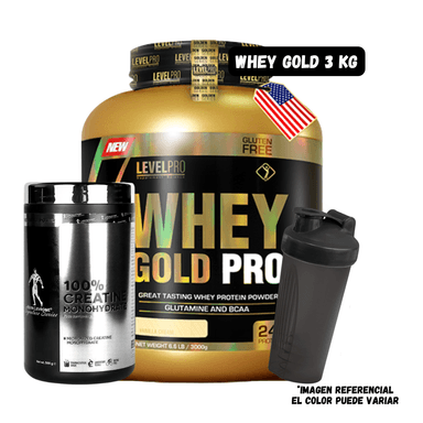 WHEY GOLD PRO 6.6 LIBRAS VAINILLA + CREATINA KEVIN LEVRONE 500 GR + SHAKER