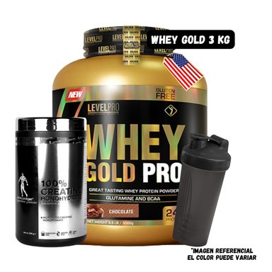 WHEY GOLD PRO 6.6 LIBRAS CHOCOLATE + CREATINA KEVIN LEVRONE 500 GR + SHAKER