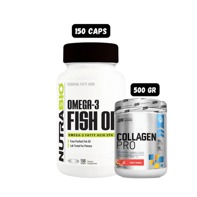 OMEGA 3 (150 CAPSULAS) + COLAGENO HIDROLIZADO SABOR FRUIT PUNCH (500 GRAMOS)